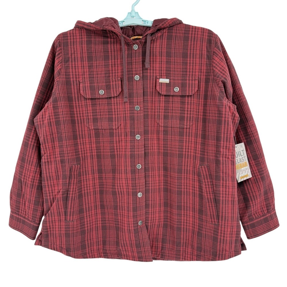 Ariat Rebar Womens Flannel Hoodie Shirt Jacket XXL Rosewood Plaid Full Lined NWT